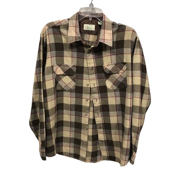 Sears Mens Vintage 80s/90s Button Front Shirt Brown Plaid Acrylic Tall L 16-16.5 - Picture 1 of 4